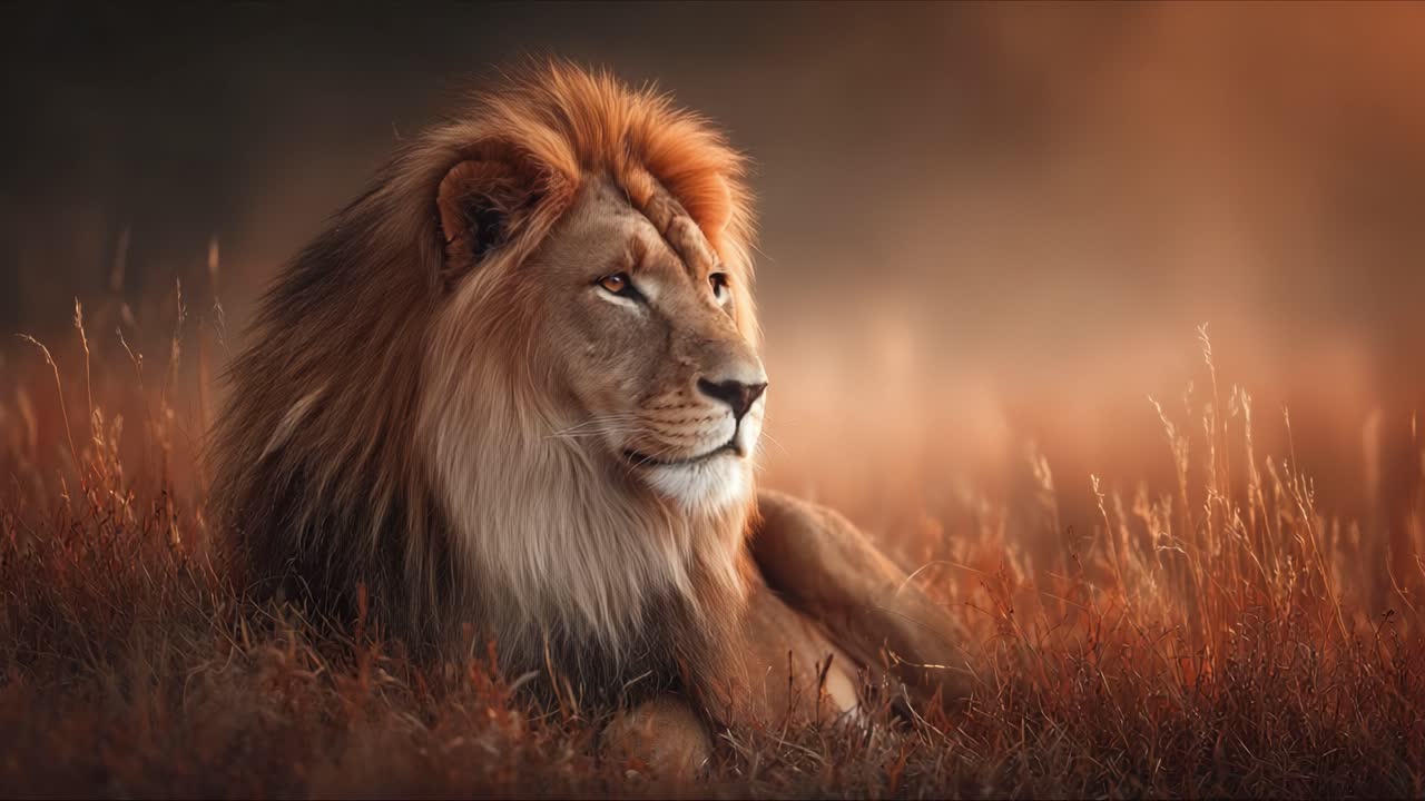 A Majestic Lion Gazes Thoughtfully into the Distance, Captured in a Serene Natural Setting with Soft, Warm Light Enhancing the Scene's Tranquility and Beauty