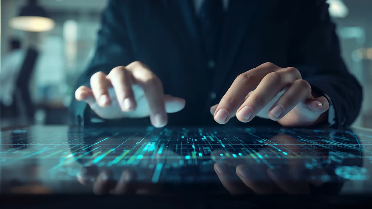 Lowering hands onto glass table in office, executive in suit tapping blue hologram to explore nodes