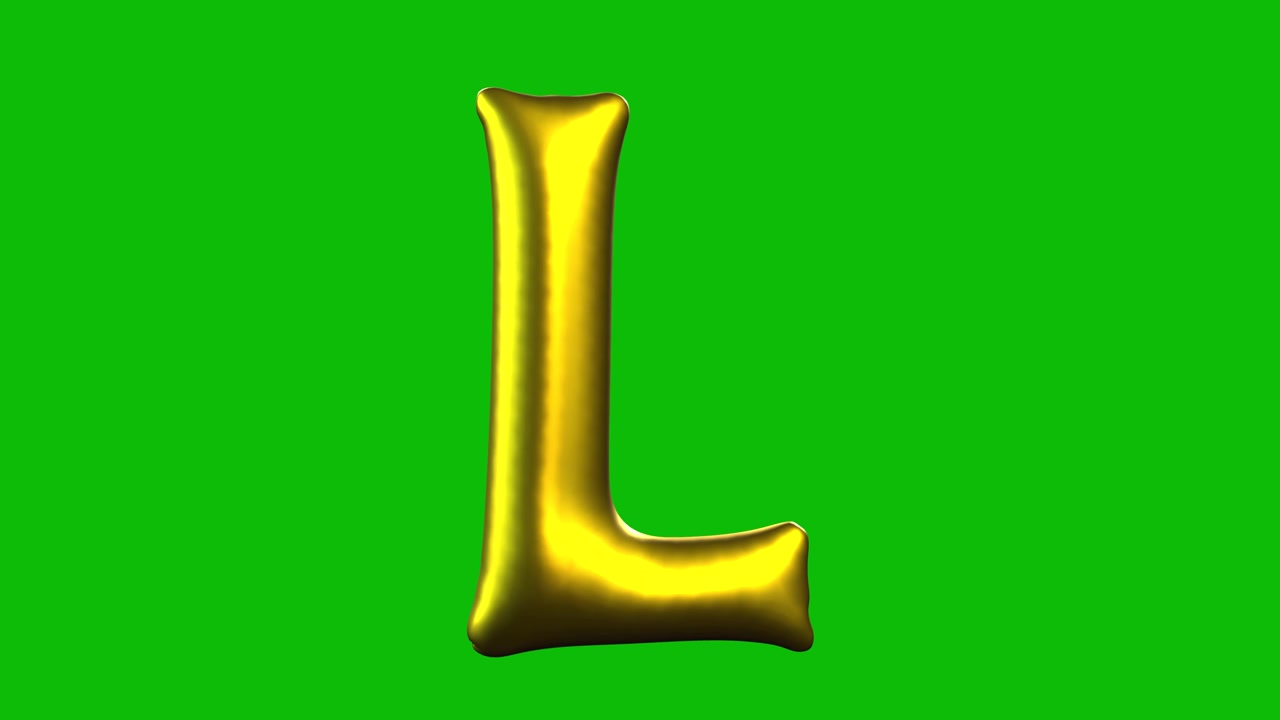 Palloncino a forma di lettera L in lamina d'oro che si gonfia, ruota e appare su green screen in animazione 3D. Ideale per celebrazioni, feste, compleanni e progetti di montaggio video
