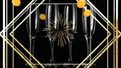 animation of yellow balloons and fireworks over glasses on dark background