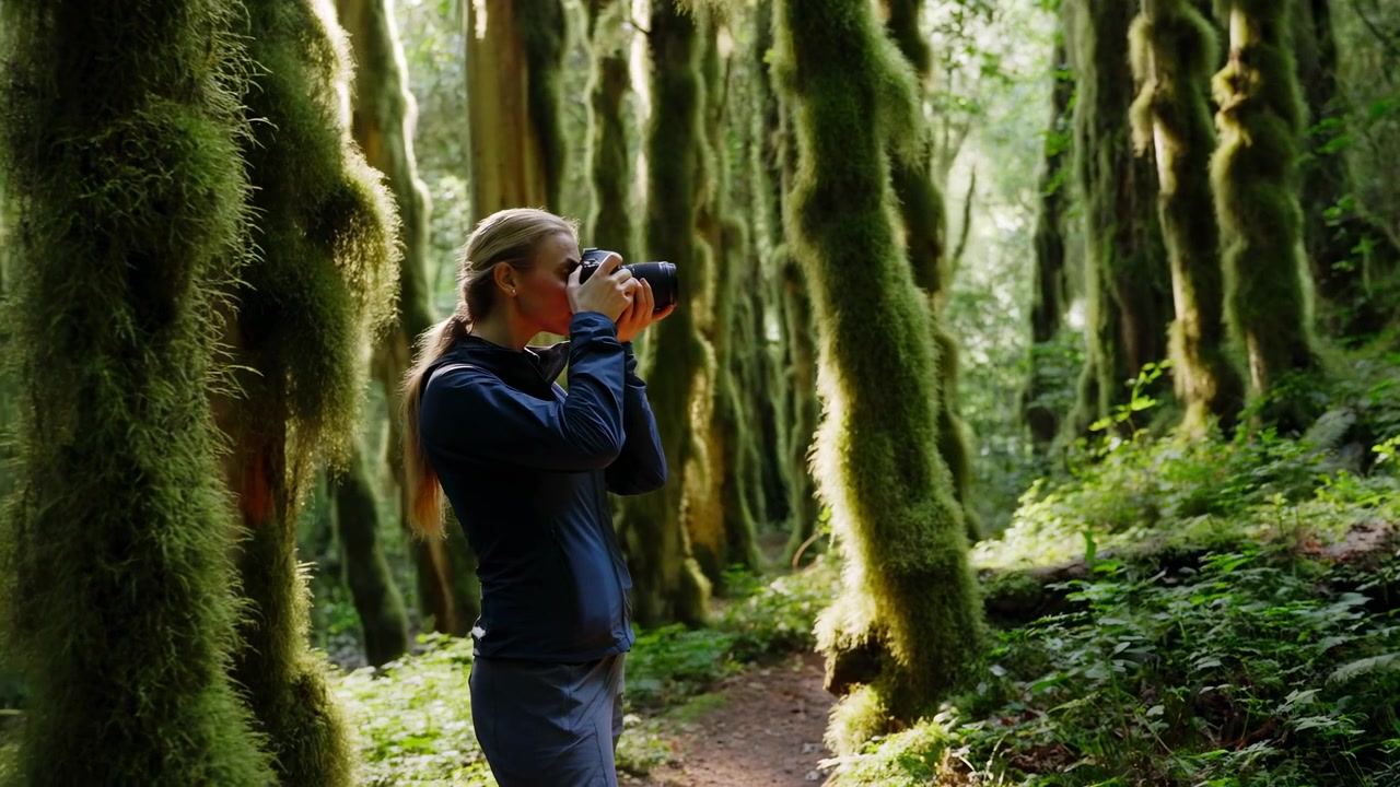 Una donna sta accanto a uno stretto sentiero nel bosco, tenendo una macchina fotografica e osservando un bosco lussureggiante coperto di muschio. Alberi alti, piante fitte e una morbida luce naturale creano un'ambientazione naturale esterna calma