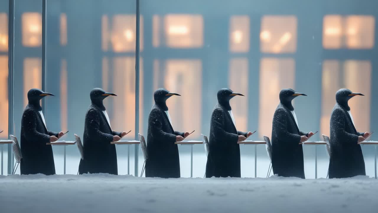 A Unique Gathering of Penguins in the Snow: An Enigmatic Scene of Flightless Birds Engrossed in Unconventional Activity Amidst a Winter Wonderland