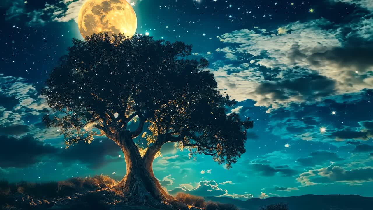 A lone tree in the middle of a field under a full moon | Premium Stock ...