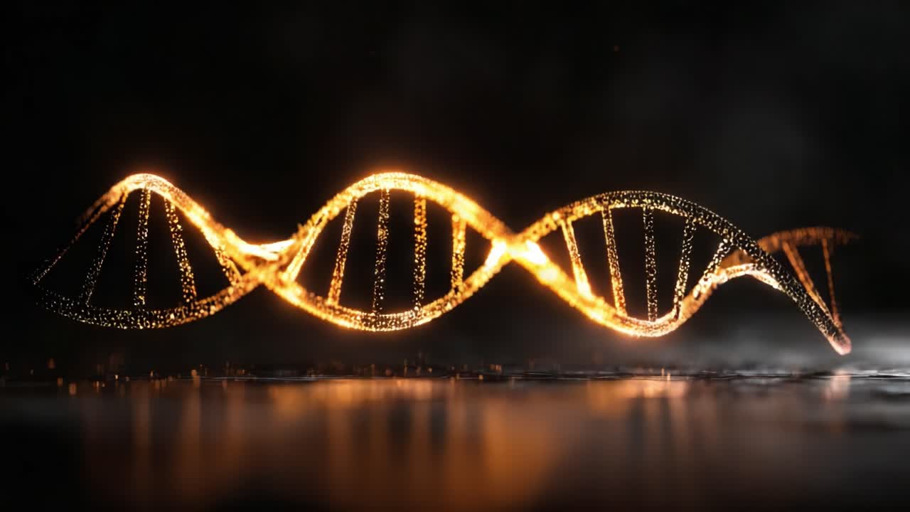 Una splendida rappresentazione visiva di una doppia elica del DNA, che mostra dettagli intricati con scintillanti particelle dorate e un ipnotico effetto luminescente su uno sfondo scuro