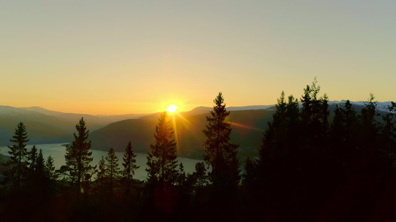 дрон грузоперевозок снимок заходящего солнца за соснами с высокими горами на фоне норвежского фьорда