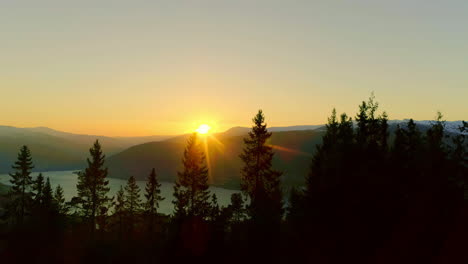 trucking drone shot of setting sun behind the pine trees with in the background high mountains at a norwegian fjord