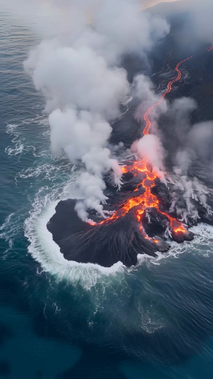 Bright molten lava streams cross black volcanic rock at ocean edge, sending thick steam into air as white surf wraps rugged coast, creating intense contrast, heat, glow, and natural danger