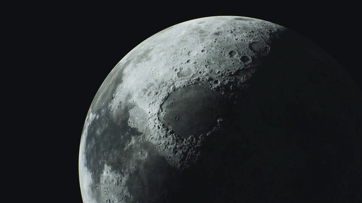Vislumbres da superfície da lua revelam crateras e sombras no céu noturno.