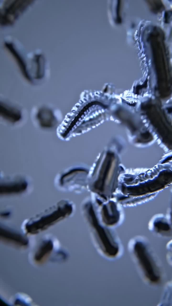 Close-up video still of abstract, metallic shapes floating in mid-air, captured from a low-angle