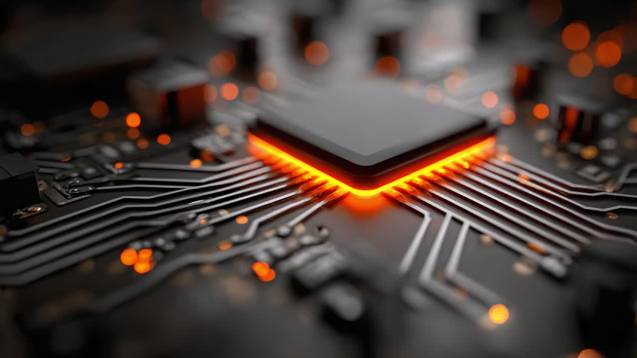 Detailed Close-up of a High-Tech Microprocessor on a Circuit Board, Highlighting Intricate Connections and Illuminated Paths in Modern Computing Technology
