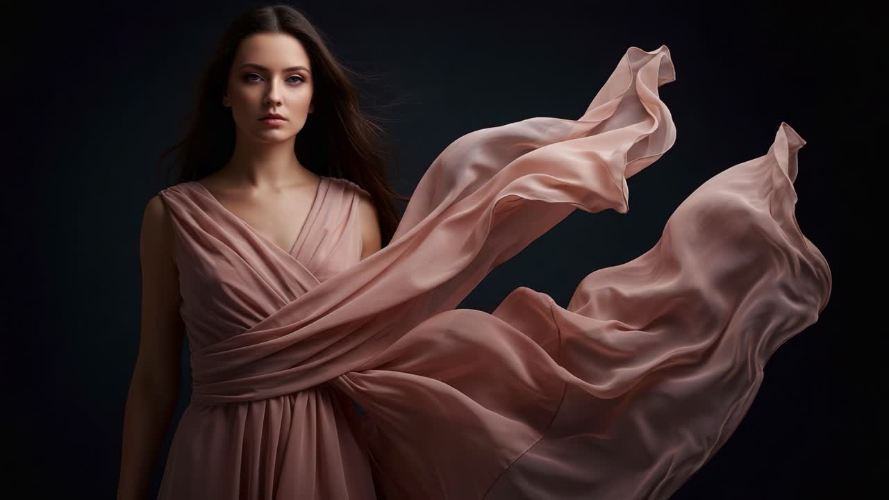 Elegant Portrait of a Woman in Flowing Fabric, Capturing Grace and Poise in a Dramatic Atmosphere with Soft Lighting and Ethereal Aesthetic Elements