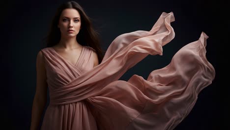 elegant portrait of a woman in flowing fabric, capturing grace and poise in a dramatic atmosphere with soft lighting and ethereal aesthetic elements