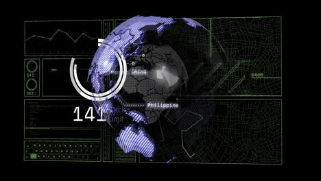 futuristic interface showing rotating 3d globe centered on asia, with gauge charts and code panels