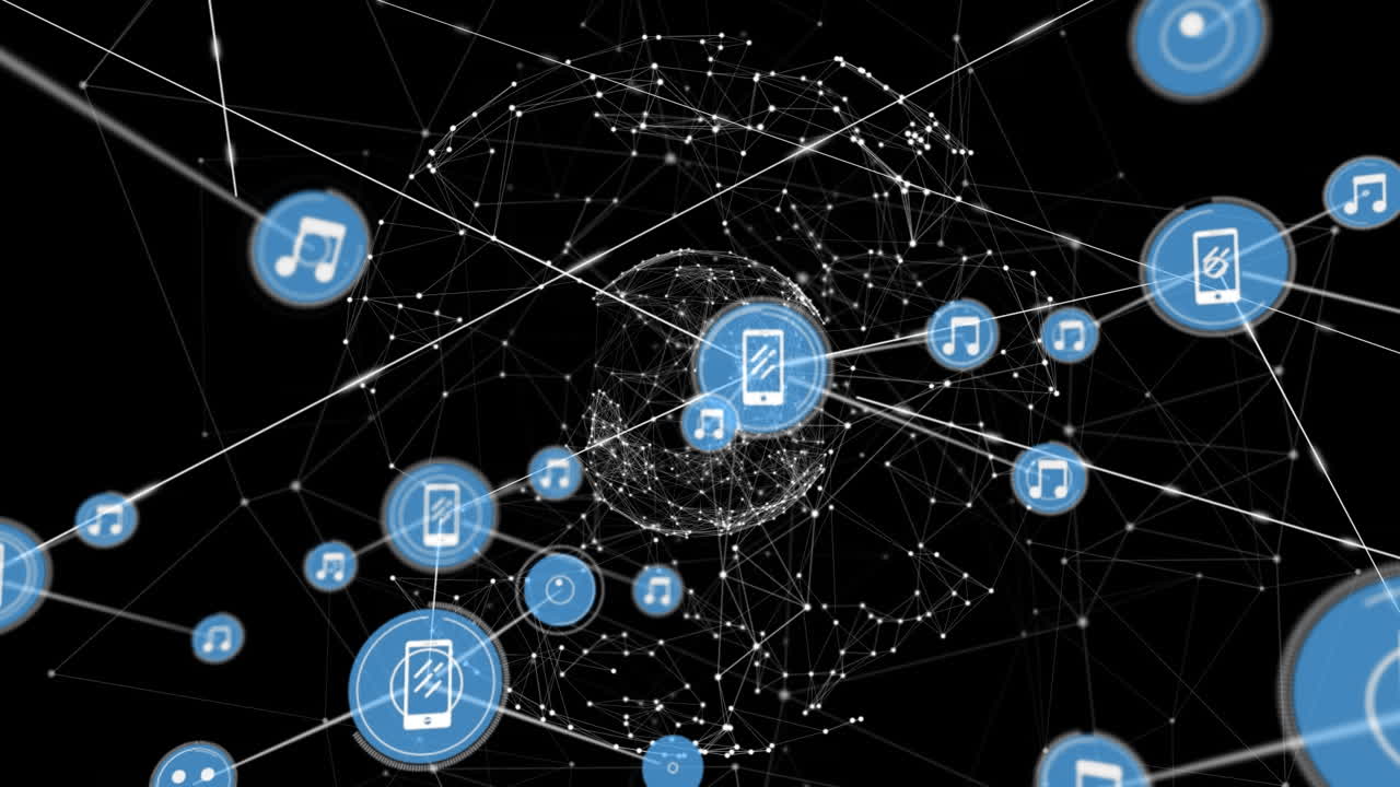 animación de iconos de medios y red de conexiones sobre fondo negro