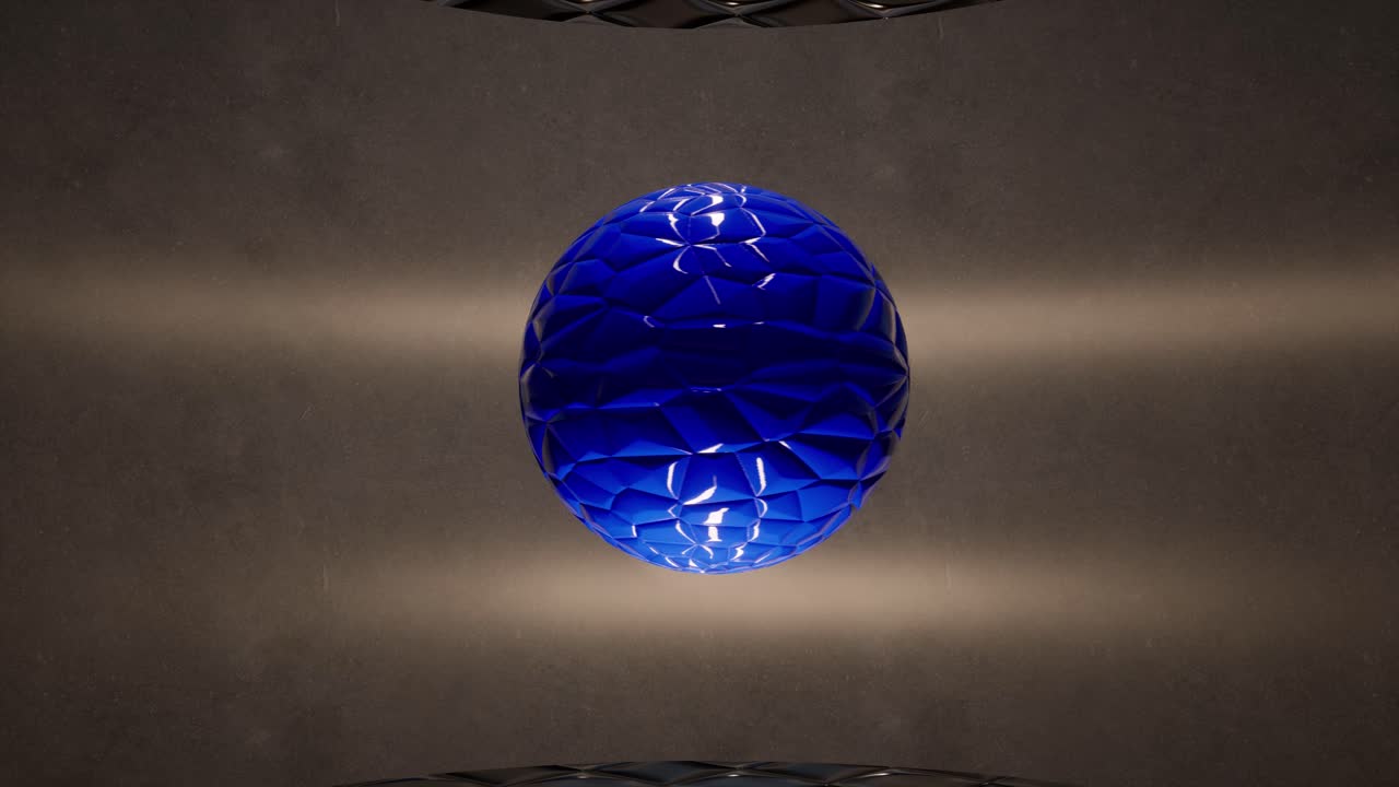 최소한의 공간 내에서 공중에서 천천히 회전하는 파란색 광택 구, 범프 맵이 적용된 3d 애니메이션 카메라가 천천히 축소