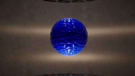 esfera azul brillante girando lentamente en el aire, dentro de un espacio mínimo, con un mapa de relieve aplicado, la cámara de animación 3d se aleja lentamente