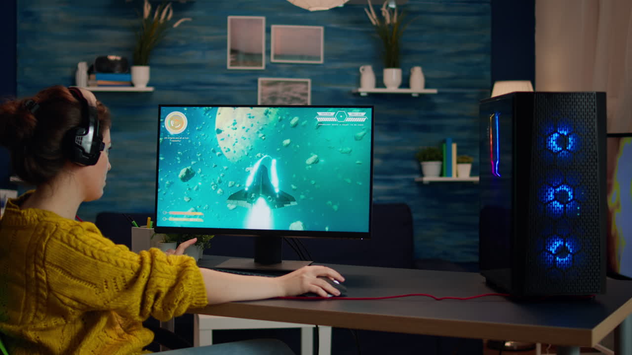 Professional esports gamer playing shooter mock-up video game