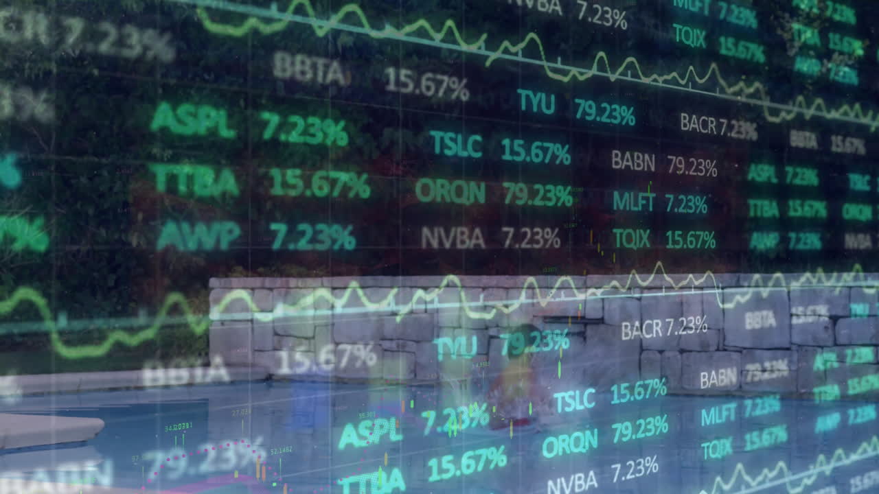 Animation of stock market and diagrams over caucasian boy jumping into pool