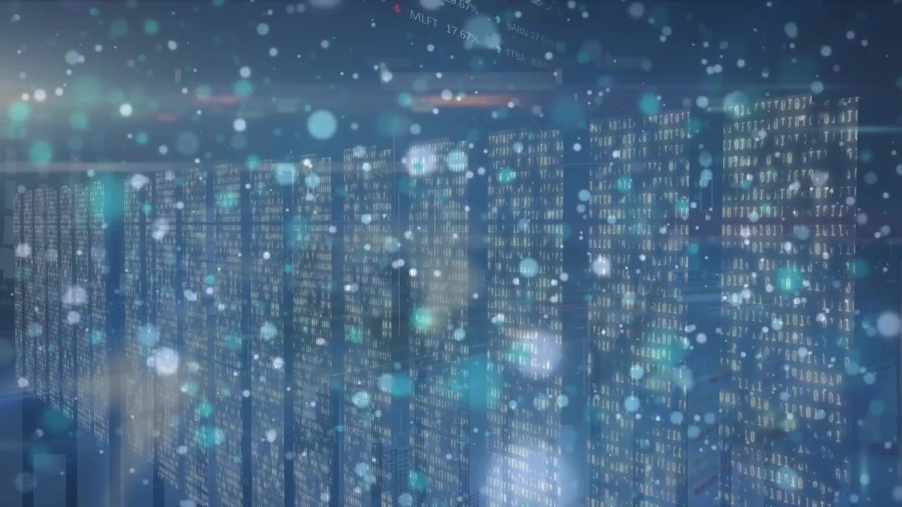 Digital Data Server Room with Floating Particles and Financial Data
