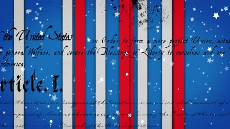 animation of text over stars and stripes on blue background