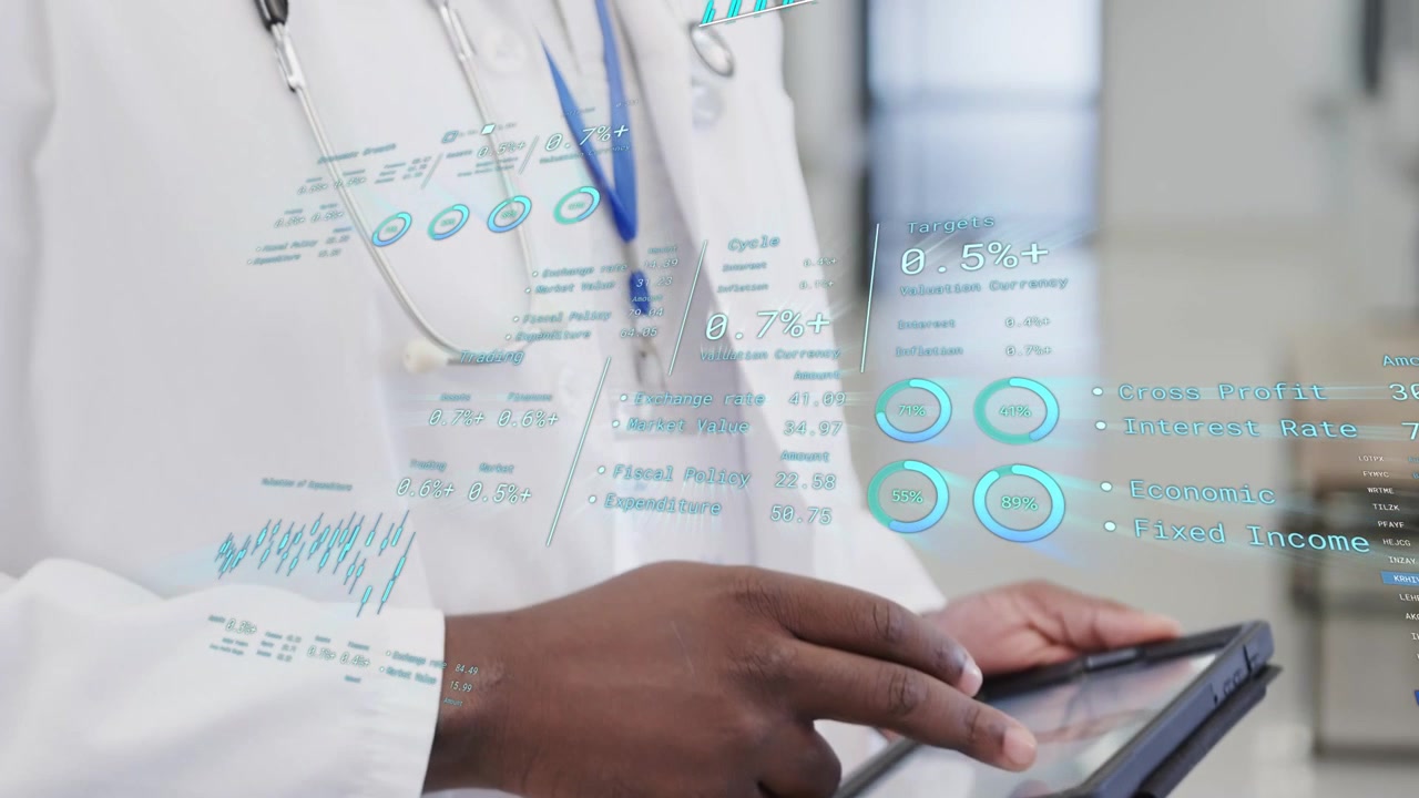 Doctor tapping tablet, swiping from hands to face, showing AR charts and checking vitals in clinic