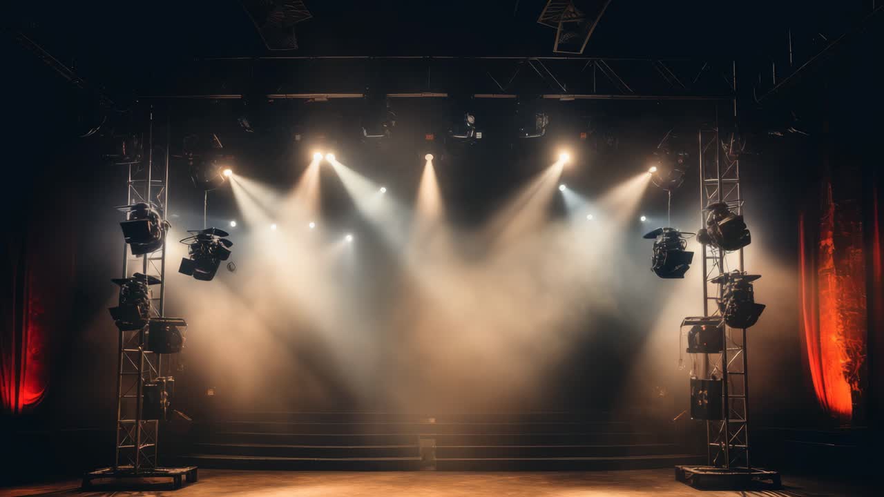 Inquadratura grandangolare di un palco in penombra con faretti drammatici e nebbia, che crea un video cinematografico
