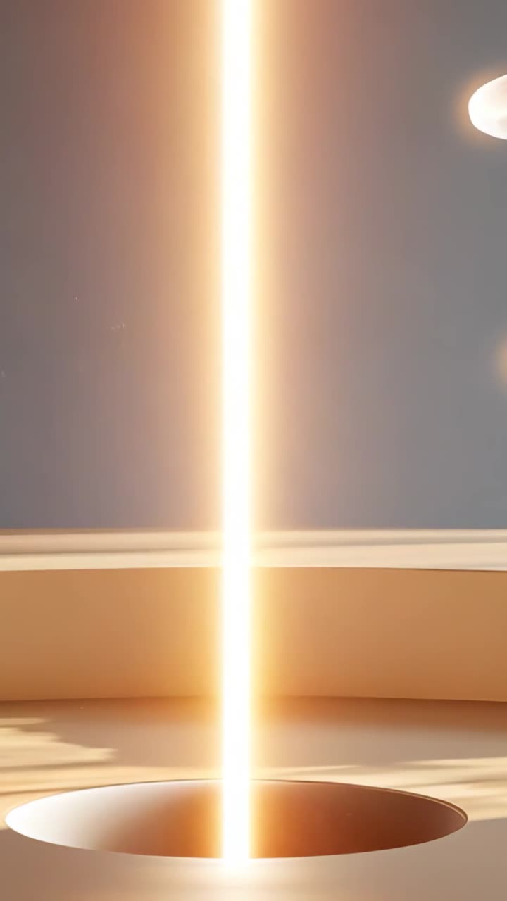 Vertical video: Opening pit releasing slender beam illuminating chamber floor, with glowing orbs