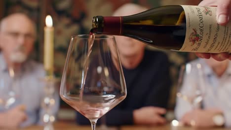 a fine wine experience: pouring a rich red wine into a glass, surrounded by engaging conversations amidst cozy candlelight and companionship.