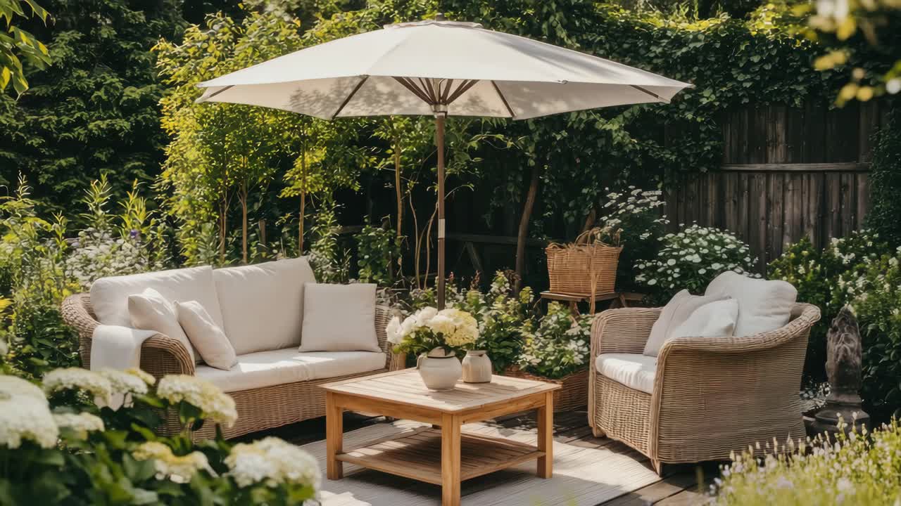 A cozy garden patio with wicker furniture and a parasol, captured from a slightly elevated angle