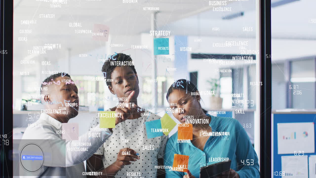 Animation of business words and numbers over diverse colleagues discussing over notes on glass wall