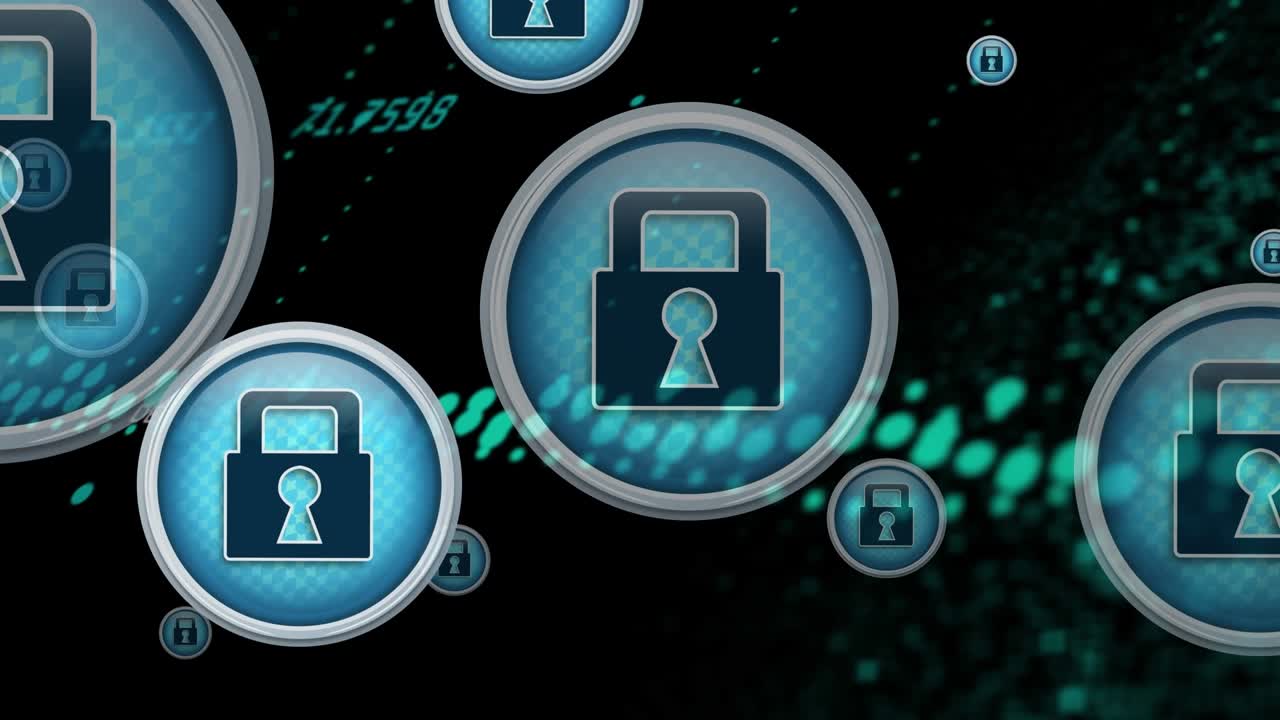 Animation of data processing over padlocks and black background