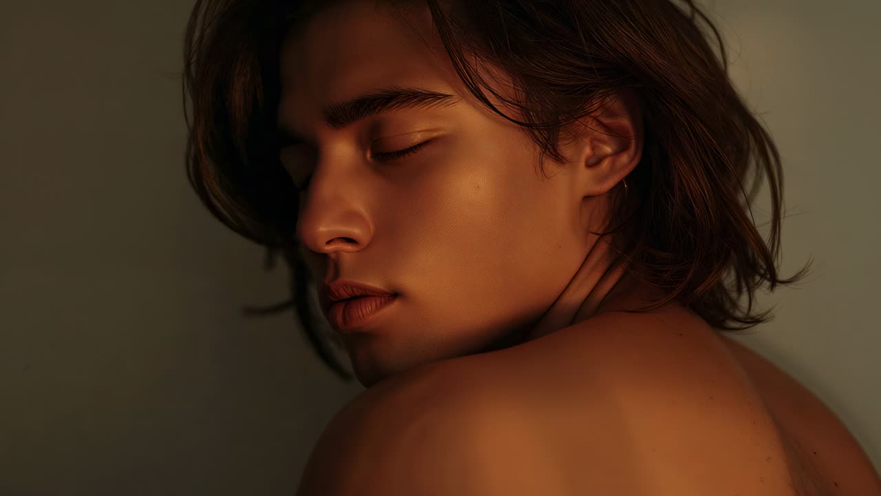 Männliches Model ohne Oberteil, das auf ein Stichwort reagiert und den Kopf in einem Studio mit warmem Licht und Ohrring neigt