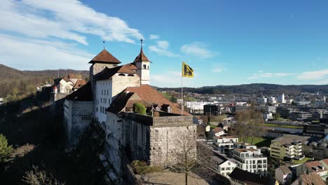 aarburg aargau switzerland backlit castle flag slow approach