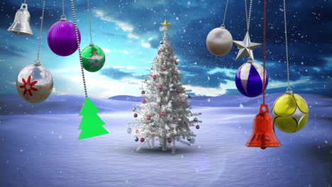 animation of christmas baubles decorations over christmas tree