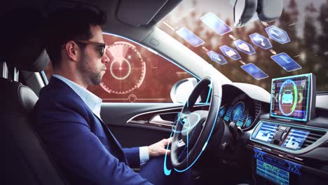 Animation-of-digital-interface-over-businessman-in-self-driving-car