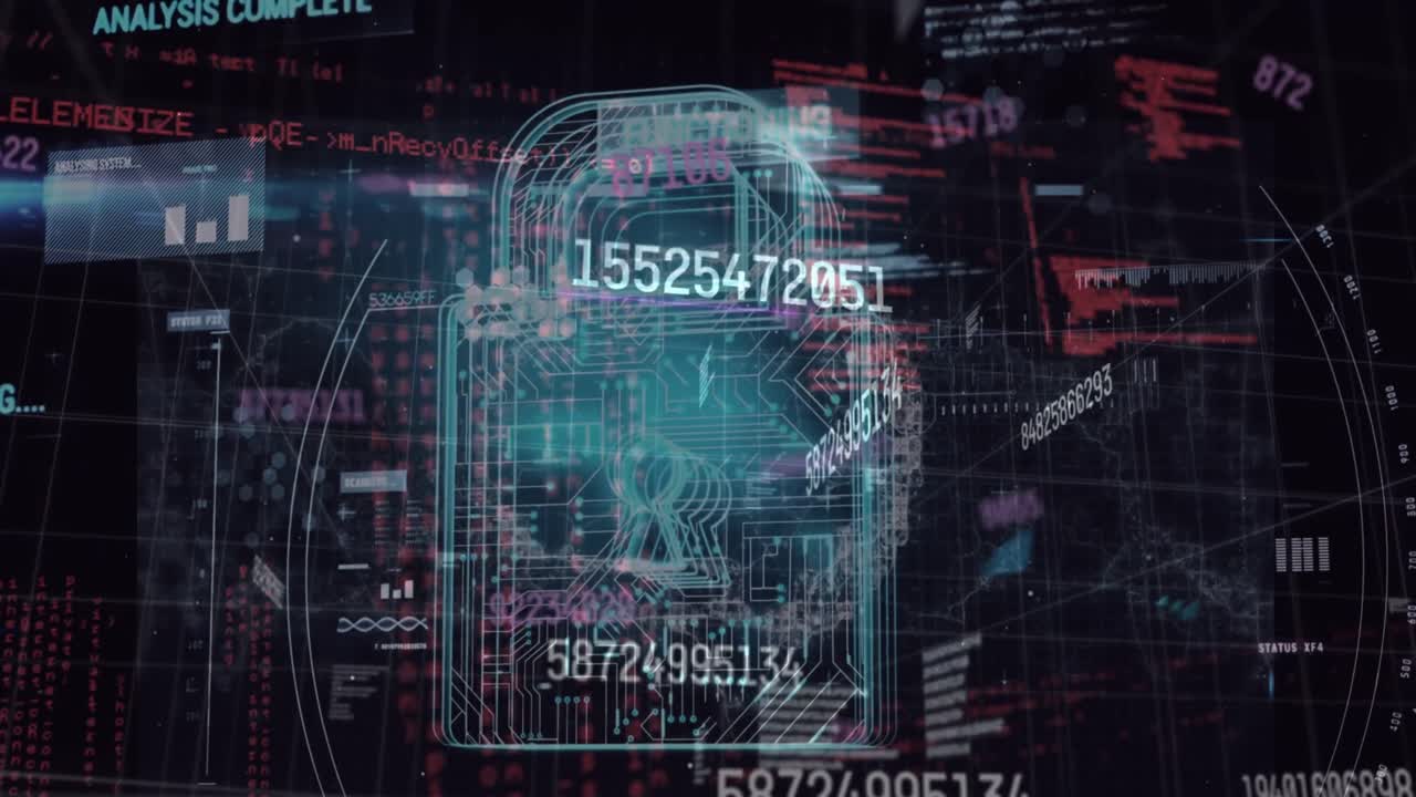 animación de números cambiantes y icono de candado de seguridad sobre procesamiento de datos en fondo negro