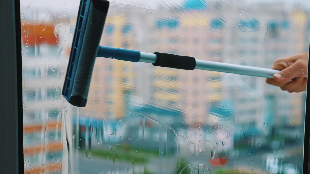 Close up view of cleaning window. Window cleaner working with wet glass window.