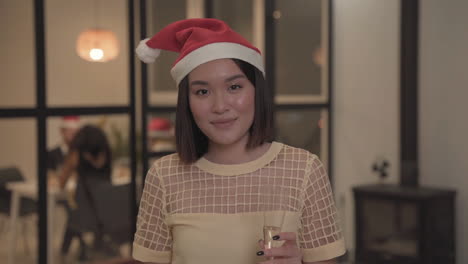 beautiful woman toasting, looking at camera, playing with a santa's hat at new year's eve party