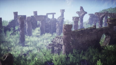 ancient stone ruins overgrown with grass and fog