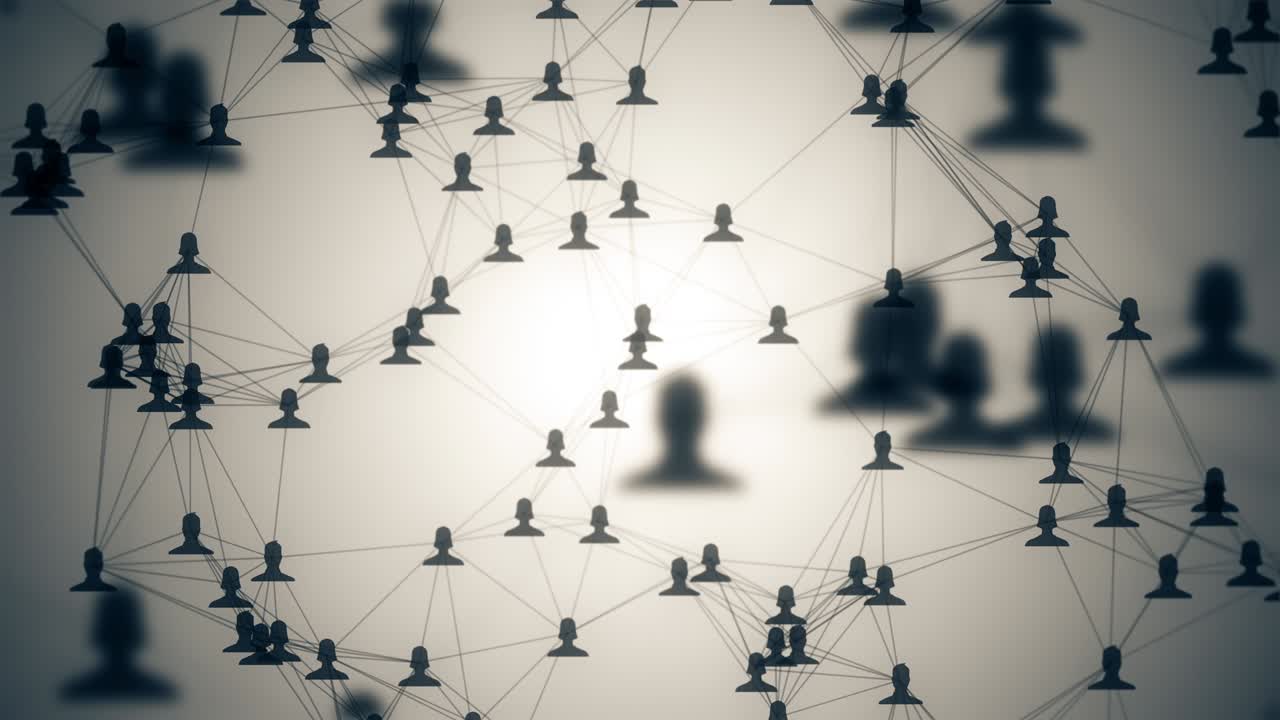 connected avatars of men and women, illustration of network for communication, business relations, social media, technology, global village, community connections