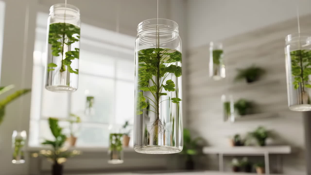 Plants in hanging jars