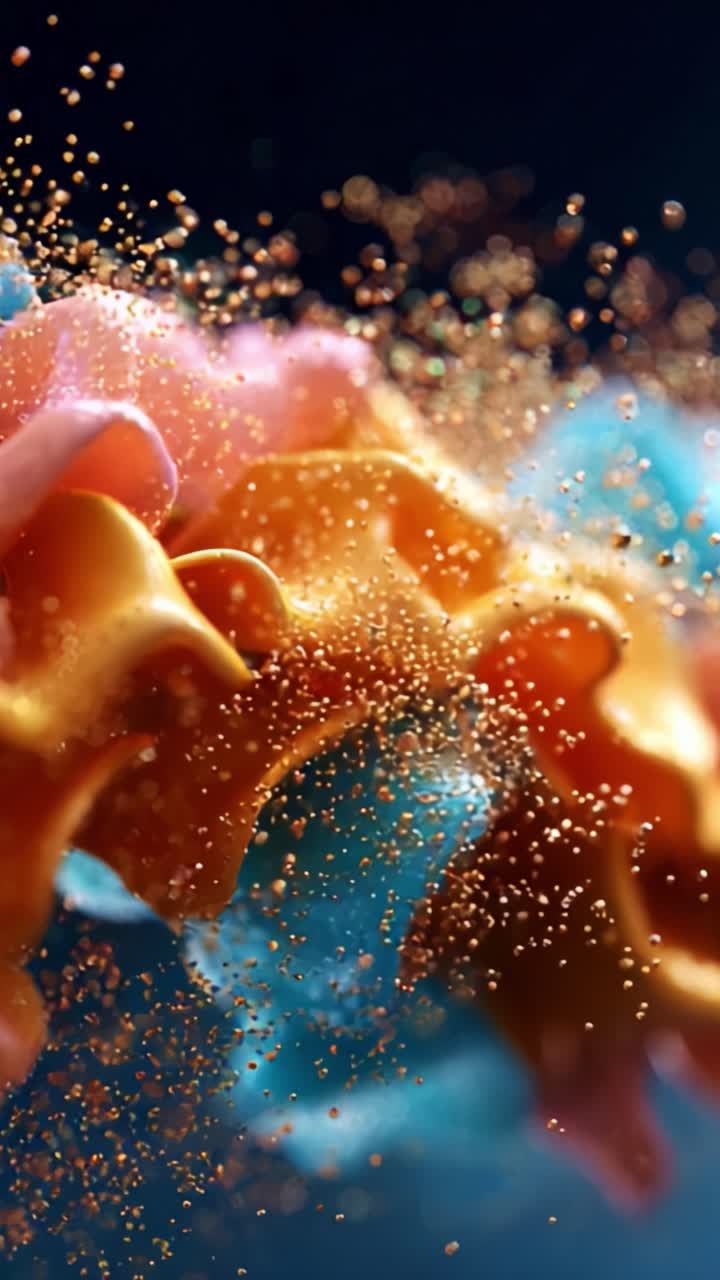 Forme fluide astratte e vivaci con particelle scintillanti che catturano l'essenza del movimento e transizioni colorate in un'esperienza visiva onirica