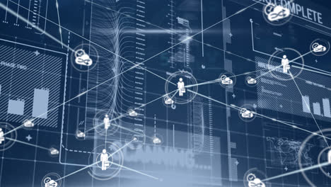 animation of network of connections with digital icons and data processing