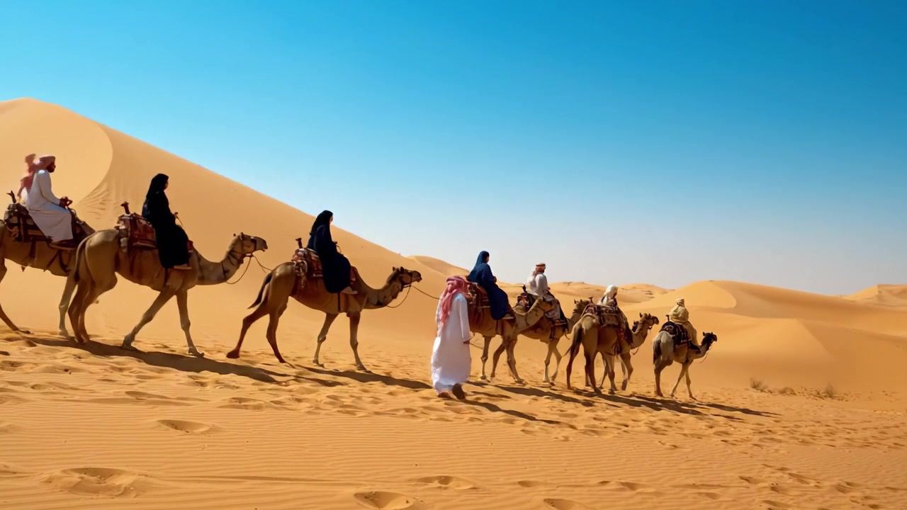 Una serena carovana di cammelli che attraversa le maestose sabbie dorate di un vasto deserto sotto un cielo azzurro e limpido, catturando l'essenza della tradizione e dell'avventura.
