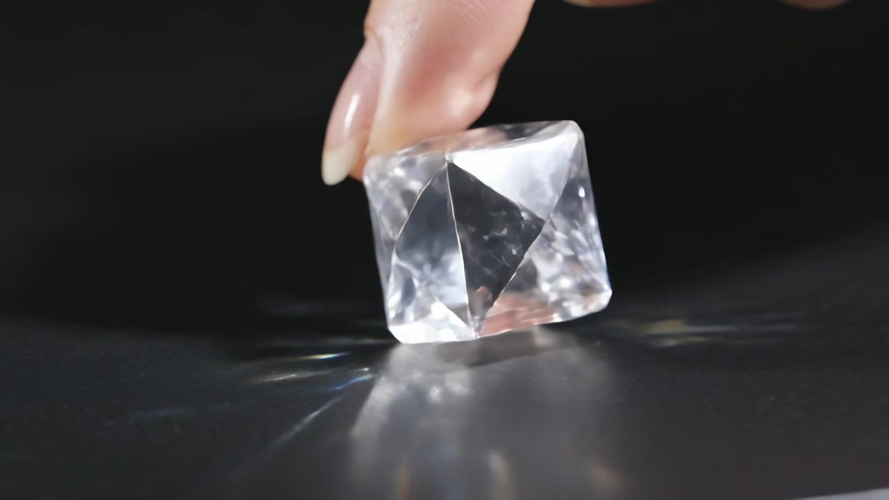 Un bout de doigt manucuré descendant effleurant un cube facetté sur une table sombre et brillante, modifiant les traînées prismatiques.