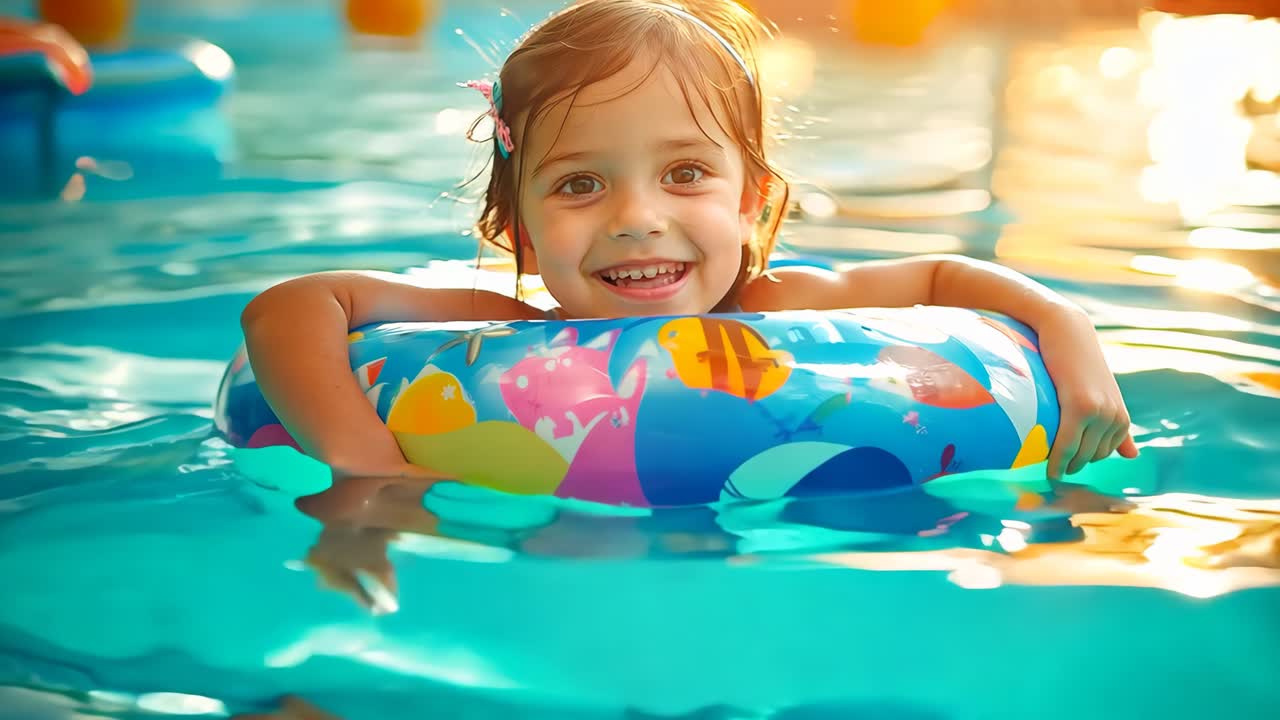 A little girl in a swimming pool with an inflatable ring
