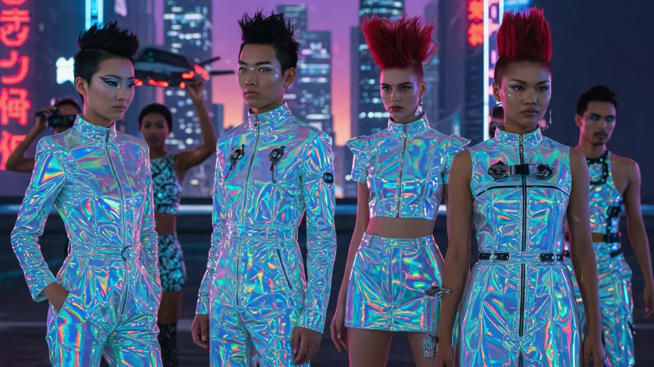 A striking futuristic fashion showcase featuring a captivating group of individuals adorned in iridescent outfits, set against a vibrant urban backdrop illuminating their unique style