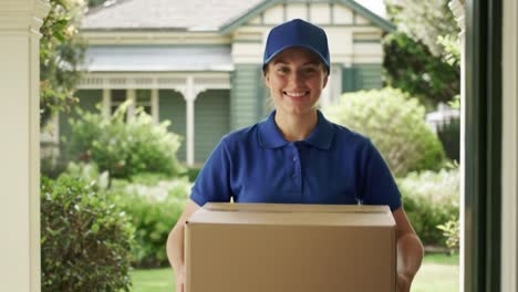friendly delivery person bringing a package to a residential home, smiling enthusiastically while enjoying the process of service in a pleasant neighborhood setting