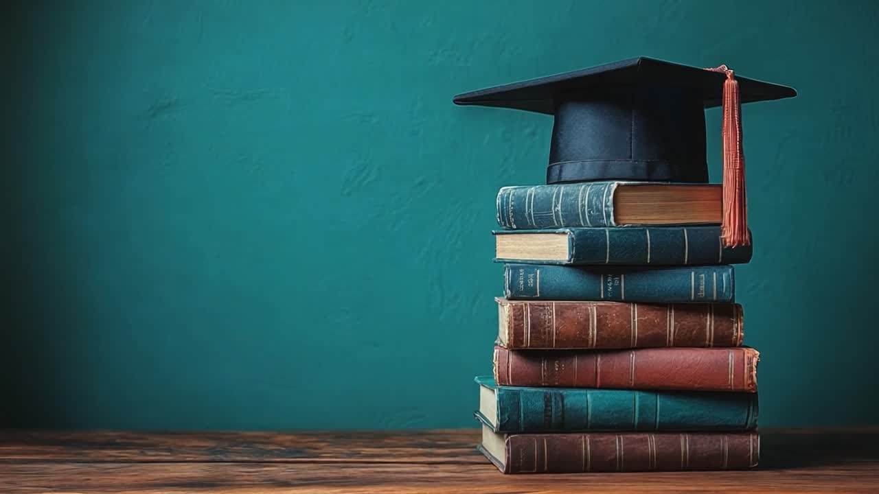 Una pila di libri con un tappo di laurea