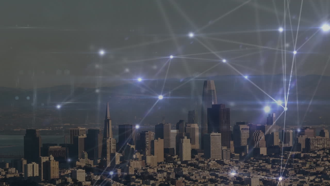 animación de la red de conexiones sobre el paisaje urbano